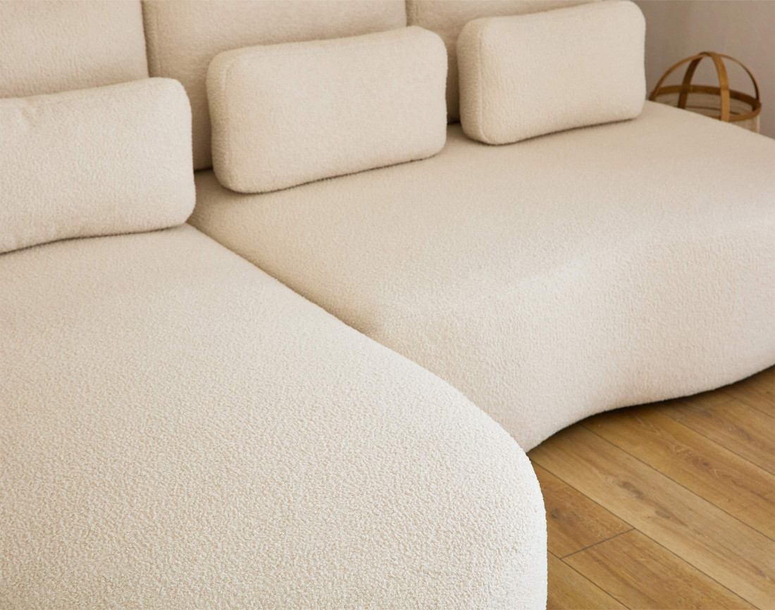 Canapé d'angle gauche 4 places convertible avec coffre en tissu bouclette Mahina