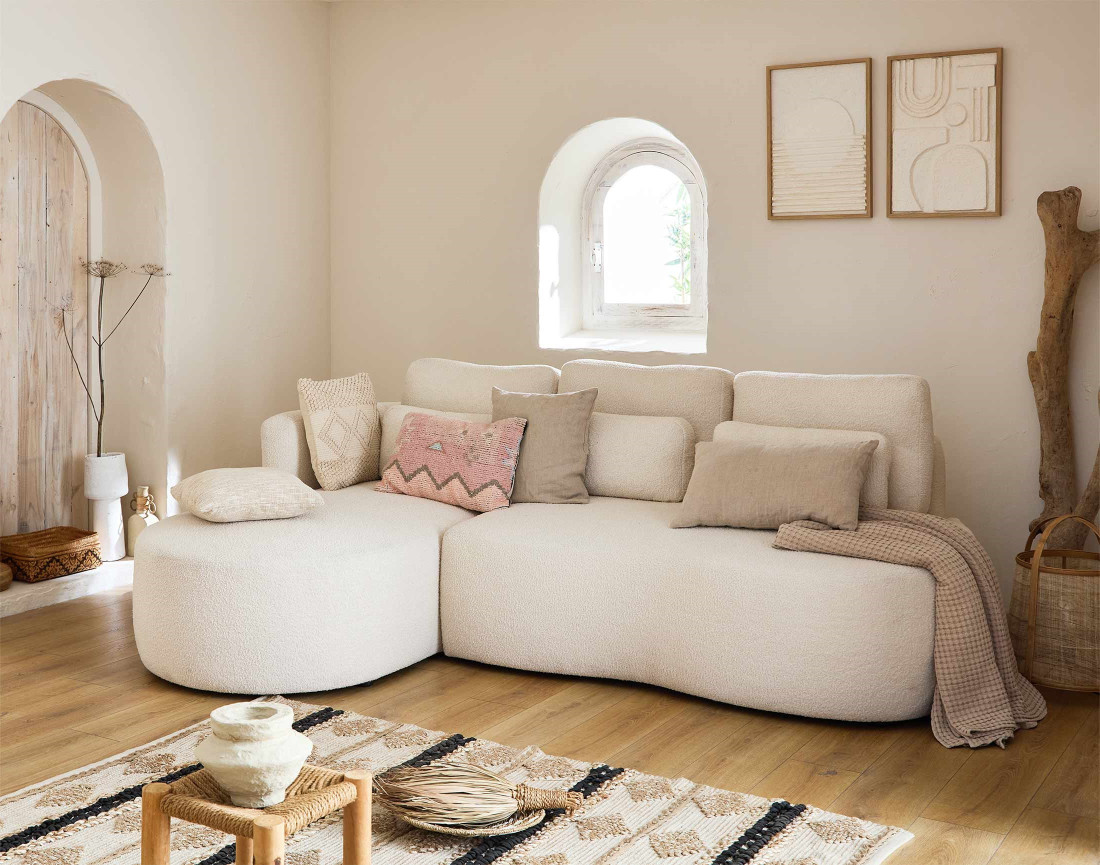 Canapé d'angle gauche 4 places convertible avec coffre en tissu bouclette Mahina