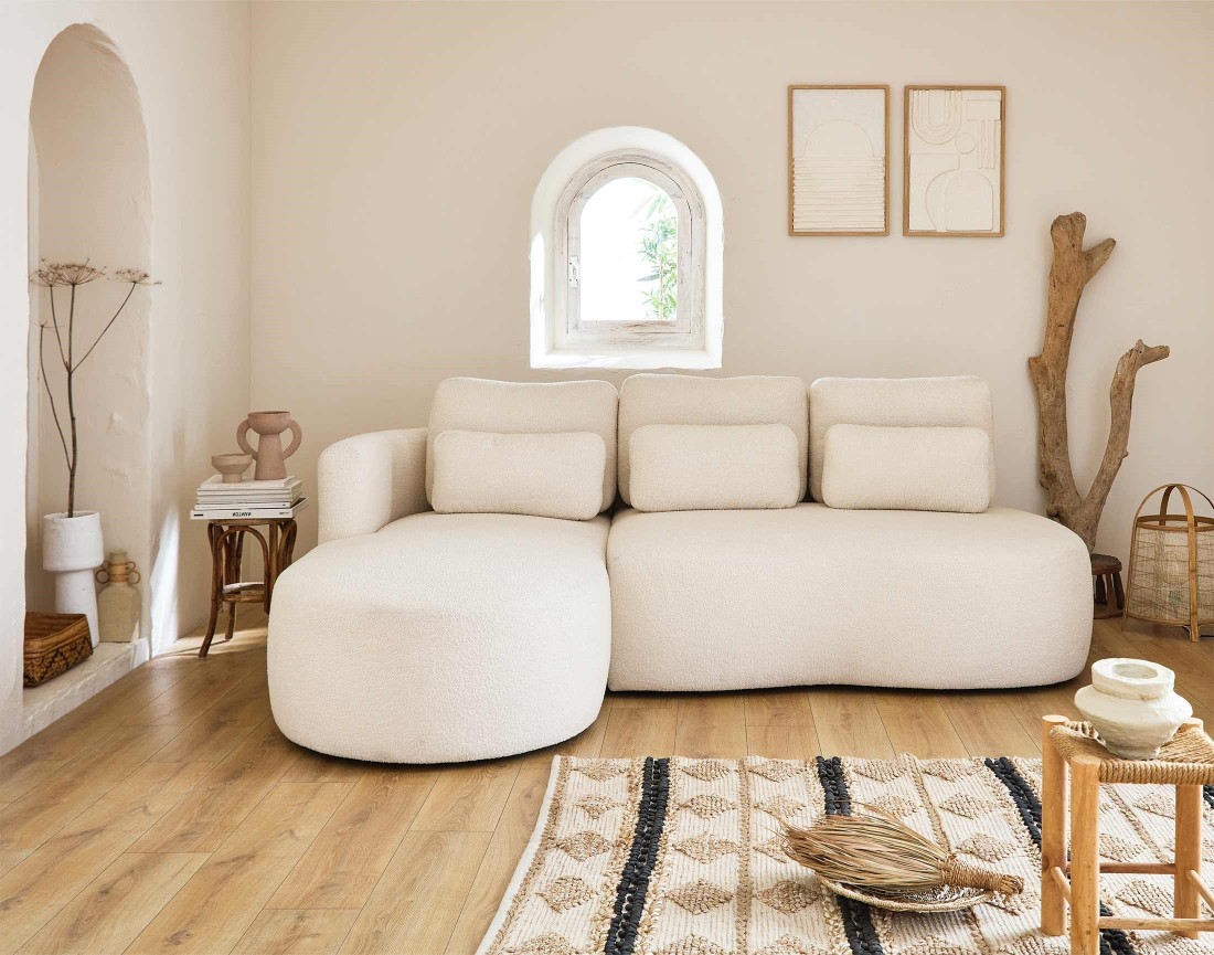 Canapé d'angle gauche 4 places convertible avec coffre en tissu bouclette Mahina