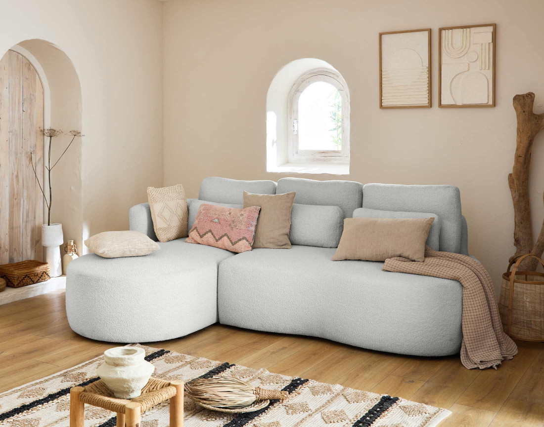 Canapé d'angle gauche 4 places convertible avec coffre en tissu bouclette Mahina