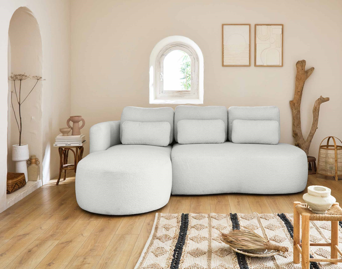 Canapé d'angle gauche 4 places convertible avec coffre en tissu bouclette Mahina