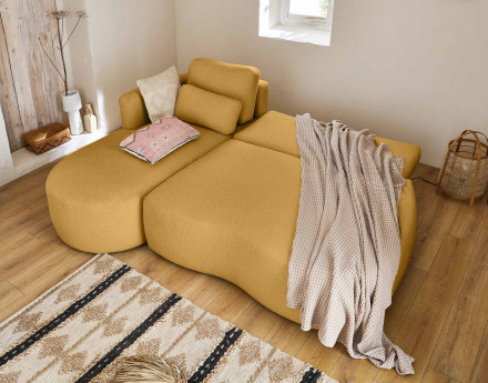 Canapé d'angle gauche 4 places convertible avec coffre en tissu bouclette Mahina