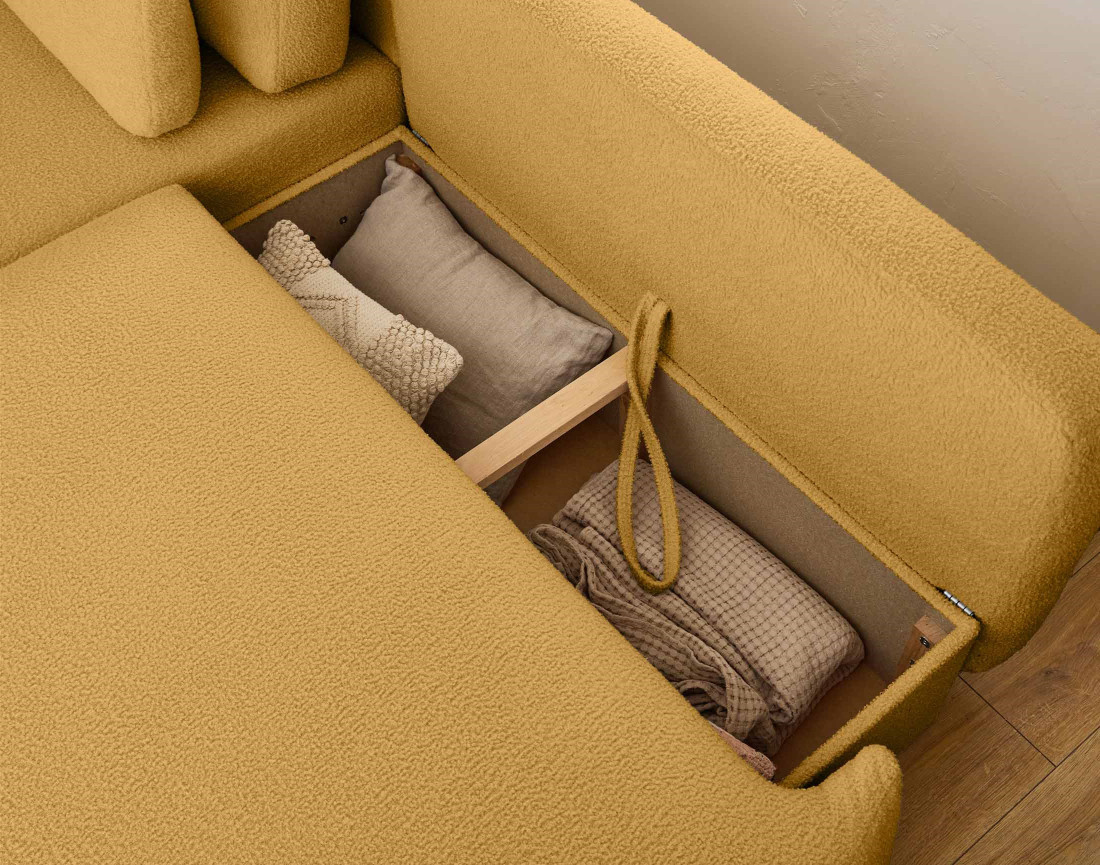 Canapé d'angle gauche 4 places convertible avec coffre en tissu bouclette Mahina