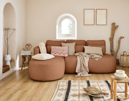 Canapé d'angle gauche 4 places convertible avec coffre en tissu bouclette Mahina