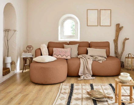 Canapé d'angle gauche 4 places convertible avec coffre en tissu bouclette Mahina