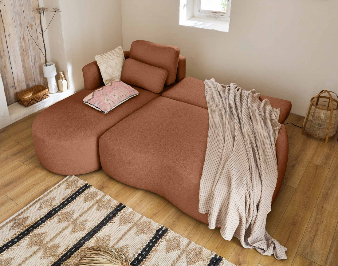 Canapé d'angle gauche 4 places convertible avec coffre en tissu bouclette Mahina