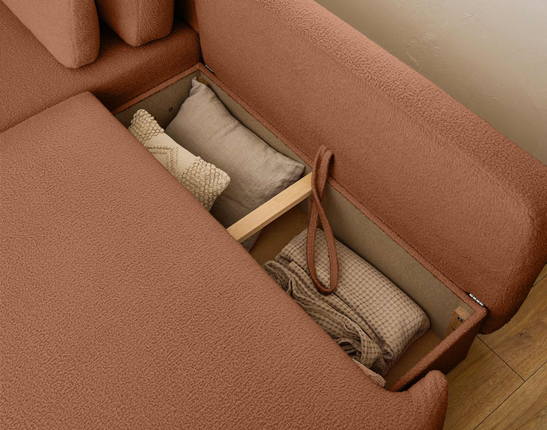 Canapé d'angle gauche 4 places convertible avec coffre en tissu bouclette Mahina