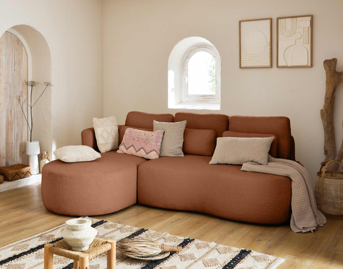 Canapé d'angle gauche 4 places convertible avec coffre en tissu bouclette Mahina