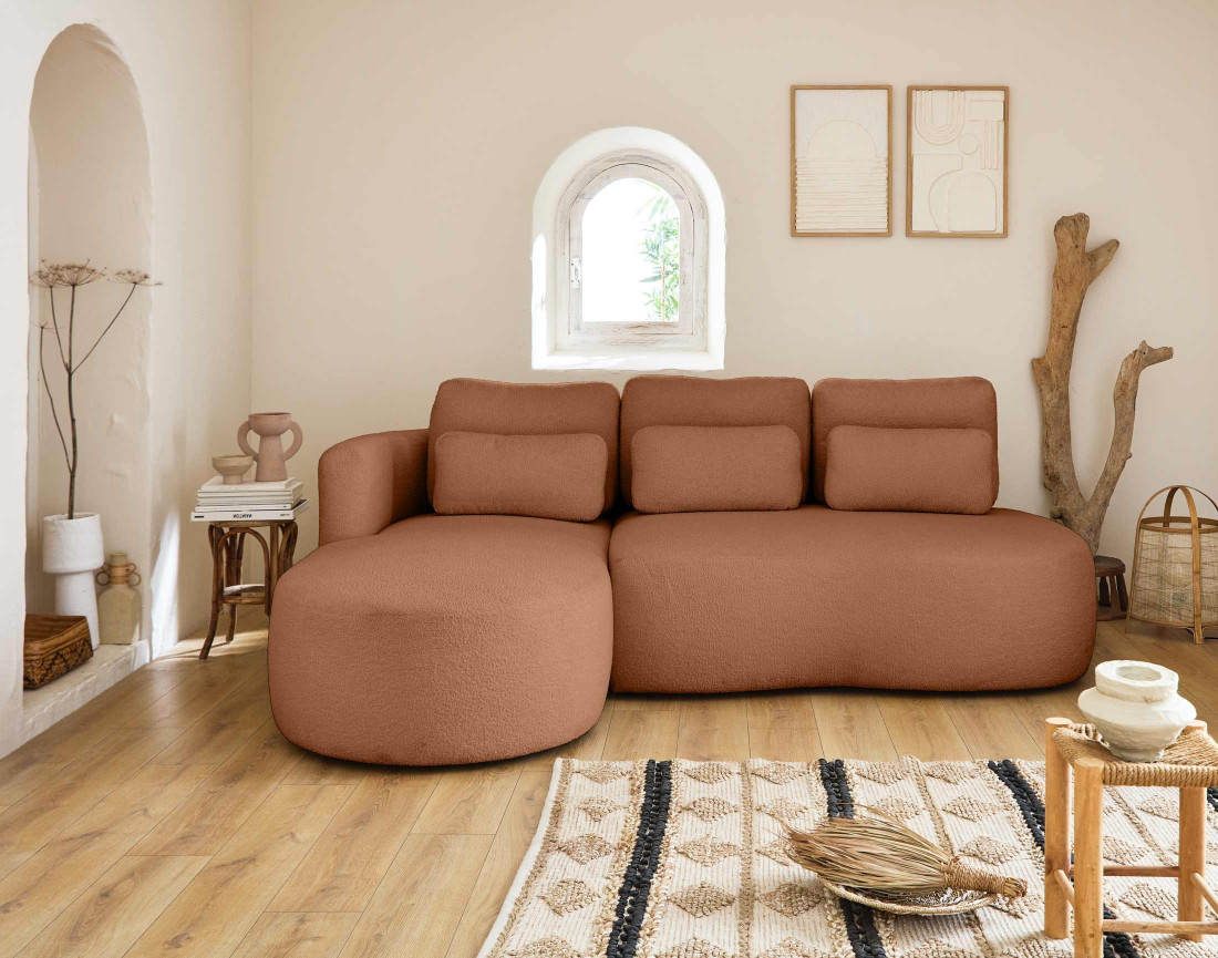 Canapé d'angle gauche 4 places convertible avec coffre en tissu bouclette Mahina