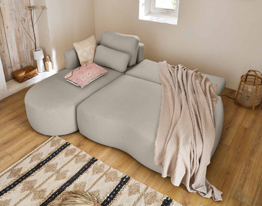 Canapé d'angle gauche 4 places convertible avec coffre en tissu bouclette Mahina