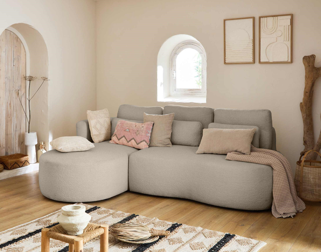 Canapé d'angle gauche 4 places convertible avec coffre en tissu bouclette Mahina