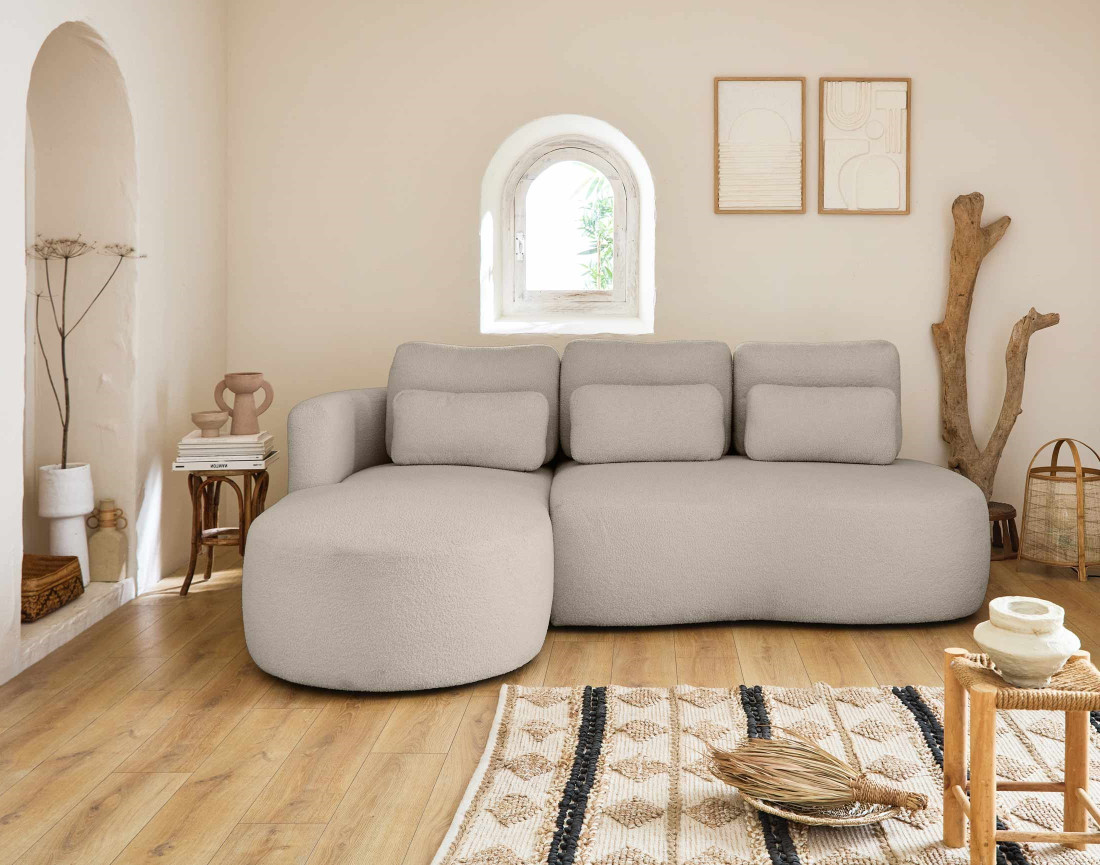 Canapé d'angle gauche 4 places convertible avec coffre en tissu bouclette Mahina