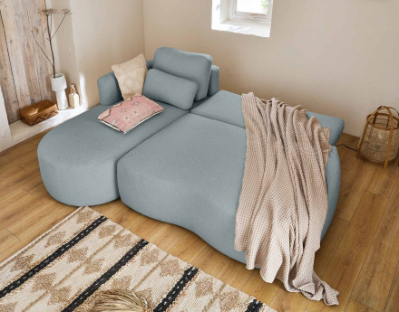 Canapé d'angle gauche 4 places convertible avec coffre en tissu bouclette Mahina