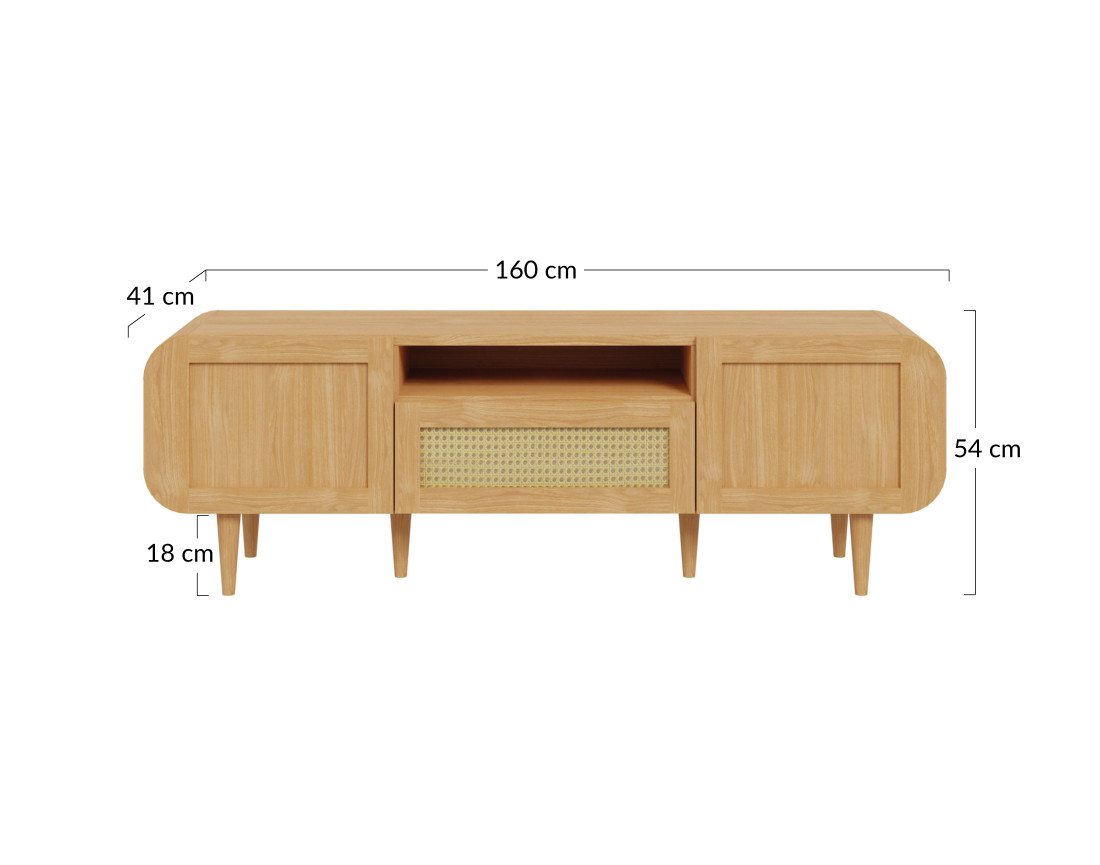 Meuble TV bois et cannage 2 portes, 1 tiroir et 1 niche 160 cm Mathilde