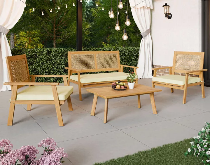 Salon bas de jardin 4 places en bois, cannage et coussins beiges Siboney