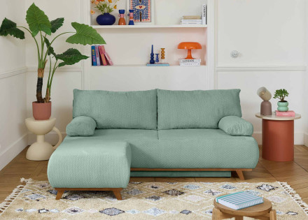 Canapé 3 places convertible avec coffre et pouf en velours texturé Cristal