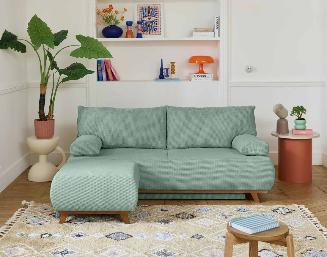 Canapé 3 places convertible avec coffre et pouf en velours texturé Cristal Canapé 3 places convertible avec coffre et pouf en velours texturé Cristal