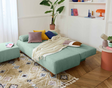 Canapé 3 places convertible avec coffre et pouf en velours texturé Cristal