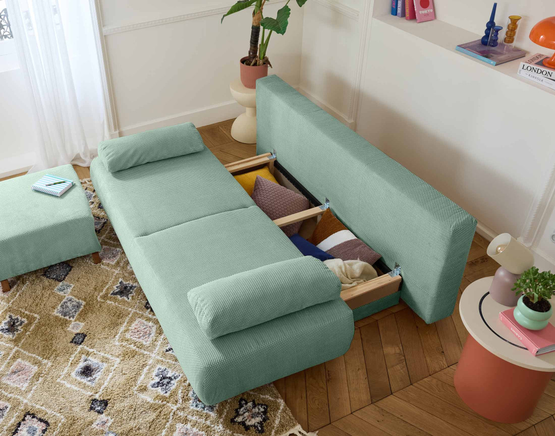 Canapé 3 places convertible avec coffre et pouf en velours texturé Cristal Canapé 3 places convertible avec coffre et pouf en velours texturé Cristal