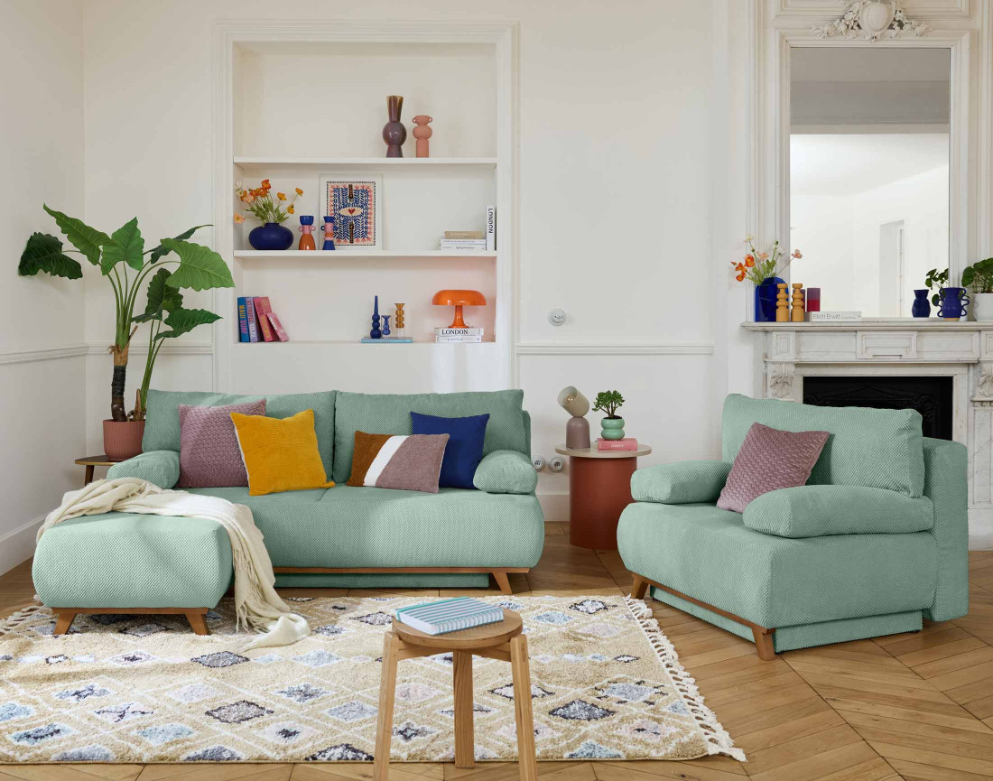 Canapé 3 places convertible avec coffre et pouf en velours texturé Cristal Canapé 3 places convertible avec coffre et pouf en velours texturé Cristal