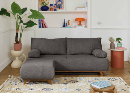 Canapé 3 places convertible avec coffre et pouf en velours texturé Cristal