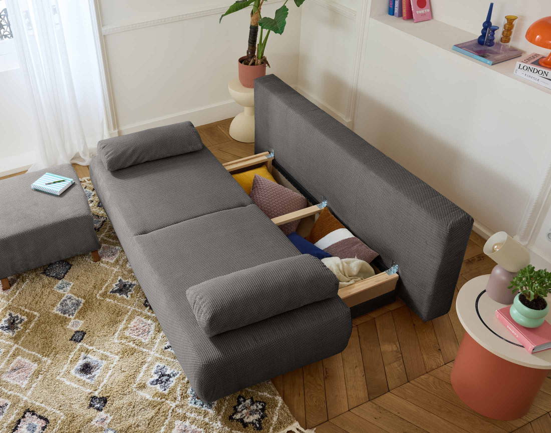 Canapé 3 places convertible avec coffre et pouf en velours texturé Cristal Canapé 3 places convertible avec coffre et pouf en velours texturé Cristal