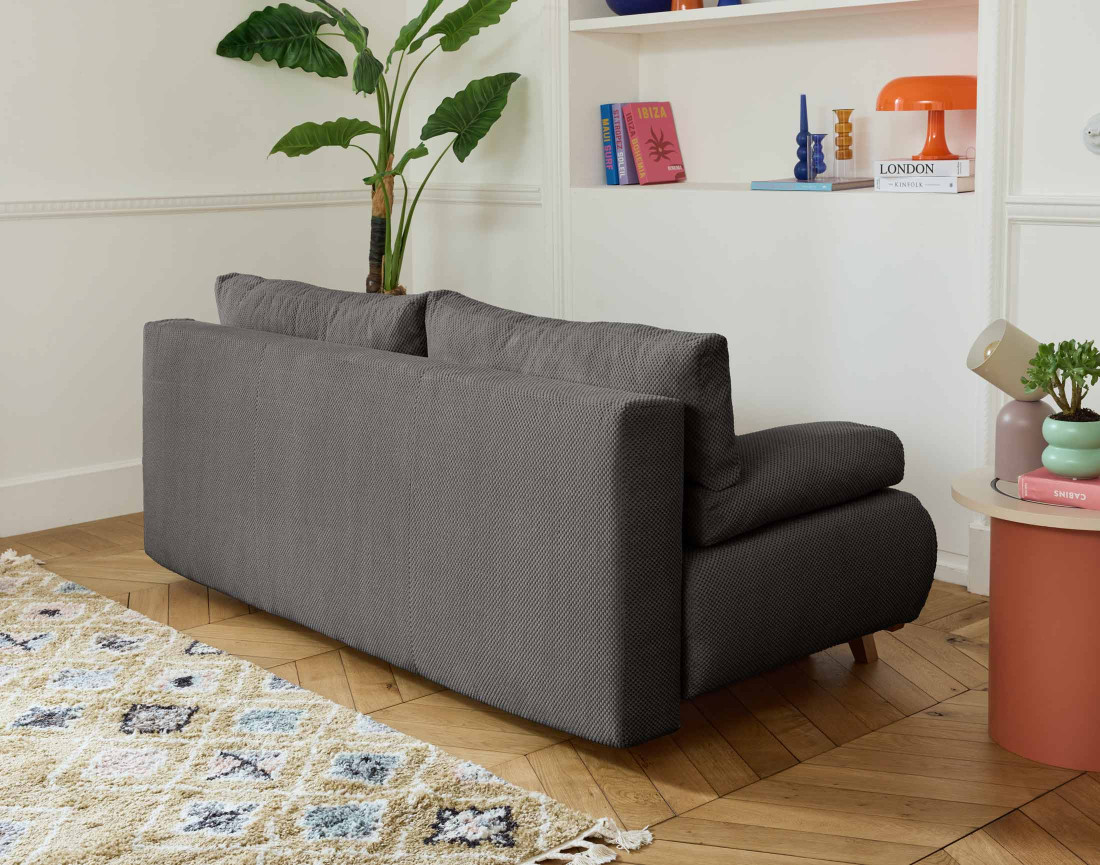 Canapé 3 places convertible avec coffre et pouf en velours texturé Cristal Canapé 3 places convertible avec coffre et pouf en velours texturé Cristal