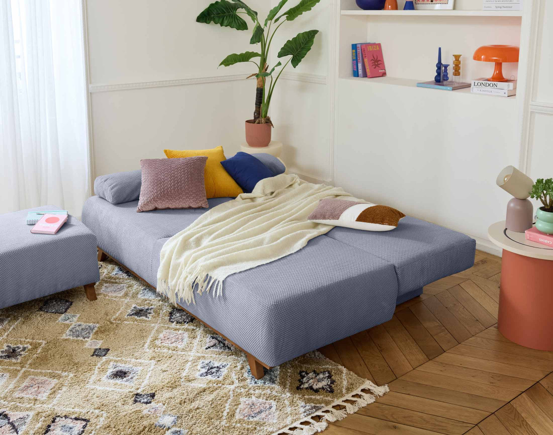 Canapé 3 places convertible avec pouf velours Cristal - Best Mobilier