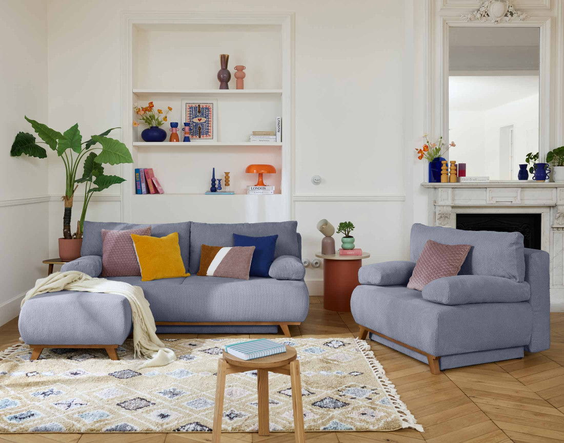 Canapé 3 places convertible avec pouf velours Cristal - Best Mobilier