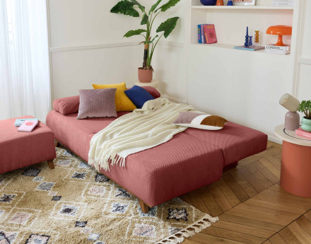 Canapé 3 places convertible avec coffre et pouf en velours texturé Cristal