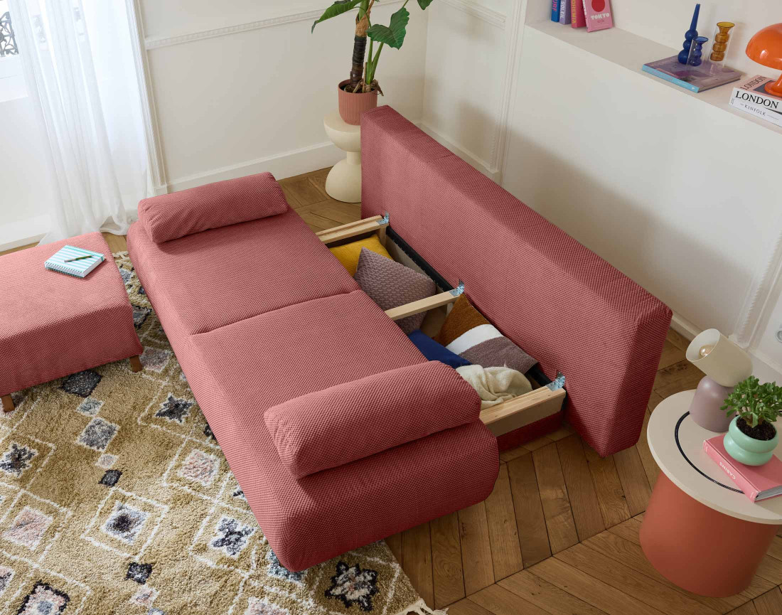 Canapé 3 places convertible avec coffre et pouf en velours texturé Cristal Canapé 3 places convertible avec coffre et pouf en velours texturé Cristal