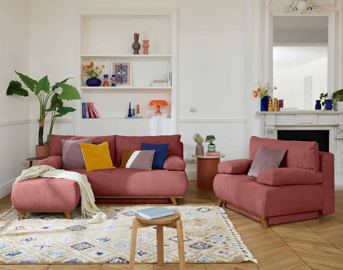 Canapé 3 places convertible avec coffre et pouf en velours texturé Cristal Canapé 3 places convertible avec coffre et pouf en velours texturé Cristal
