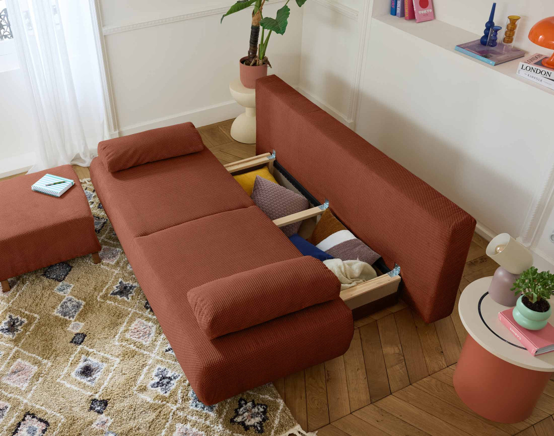 Canapé 3 places convertible avec coffre et pouf en velours texturé Cristal