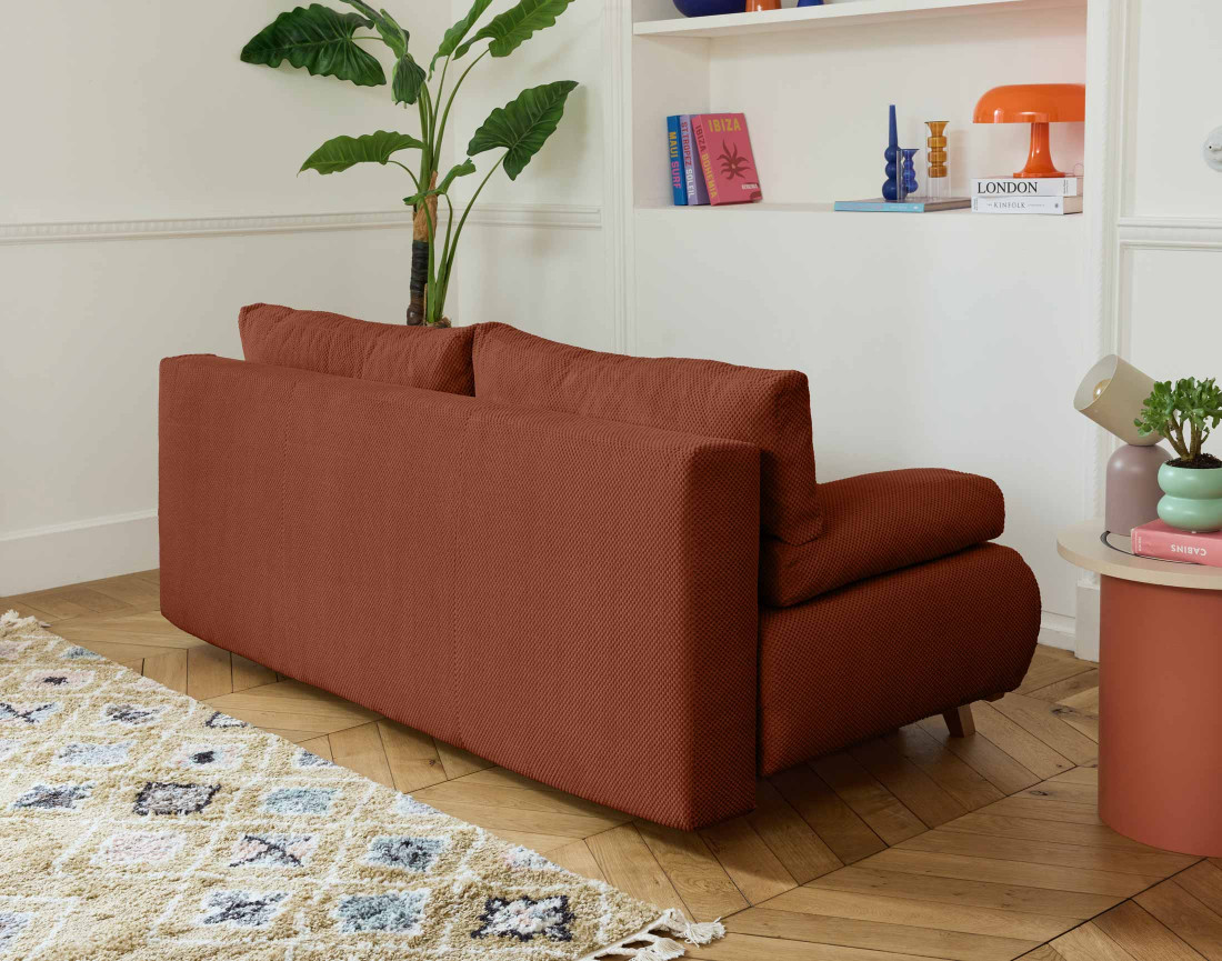 Canapé 3 places convertible avec coffre et pouf en velours texturé Cristal