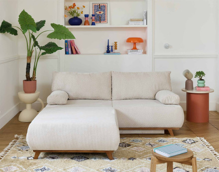 Canapé 3 places convertible avec coffre et grand pouf en velours texturé Cristal