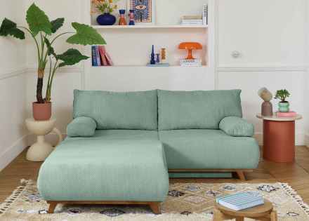Canapé 3 places convertible avec coffre et grand pouf en velours texturé Cristal