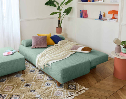 Canapé 3 places convertible avec coffre et grand pouf en velours texturé Cristal