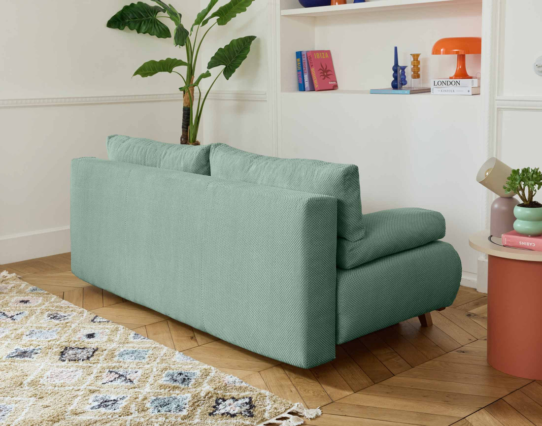 Canapé 3 places convertible avec coffre et grand pouf en velours texturé Cristal
