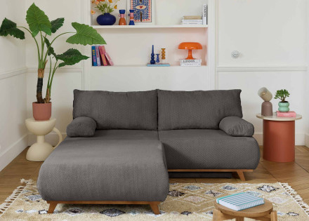 Canapé 3 places convertible avec coffre et grand pouf en velours texturé Cristal