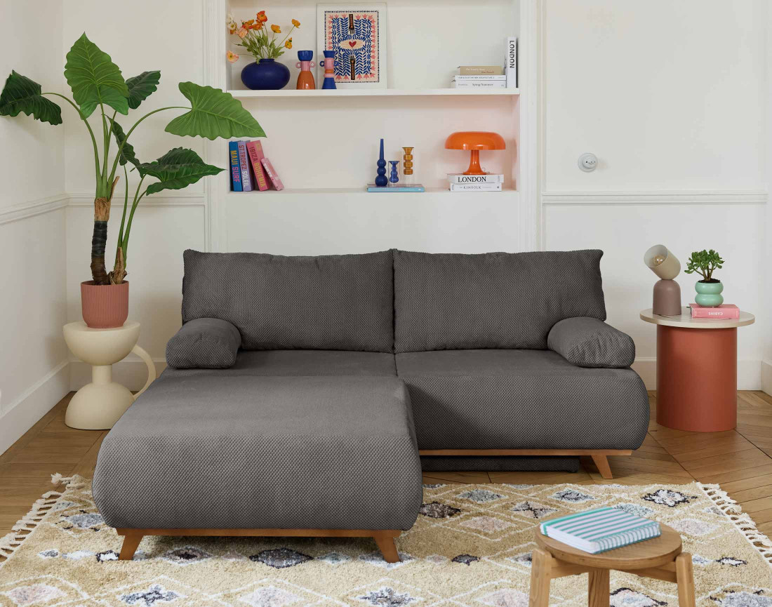 Canapé 3 places convertible avec coffre et grand pouf en velours texturé Cristal Canapé 3 places convertible avec coffre et grand pouf en velours texturé Cristal
