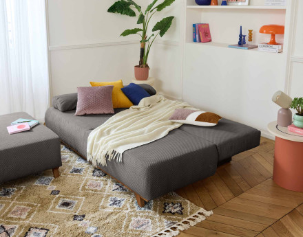 Canapé 3 places convertible avec coffre et grand pouf en velours texturé Cristal