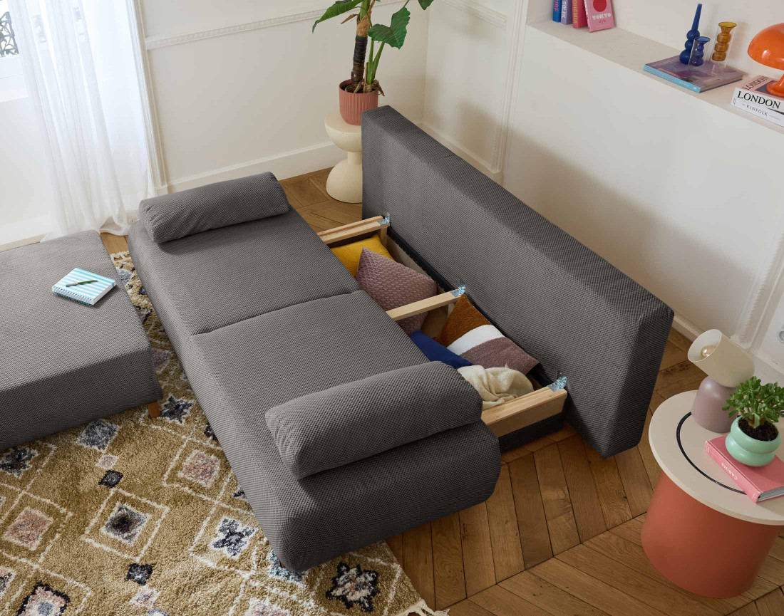 Canapé 3 places convertible avec coffre et grand pouf en velours texturé Cristal Canapé 3 places convertible avec coffre et grand pouf en velours texturé Cristal