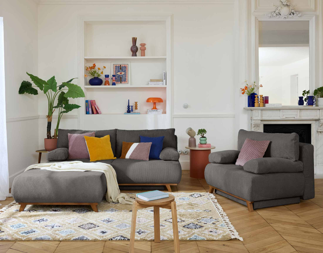 Canapé 3 places convertible avec coffre et grand pouf en velours texturé Cristal Canapé 3 places convertible avec coffre et grand pouf en velours texturé Cristal