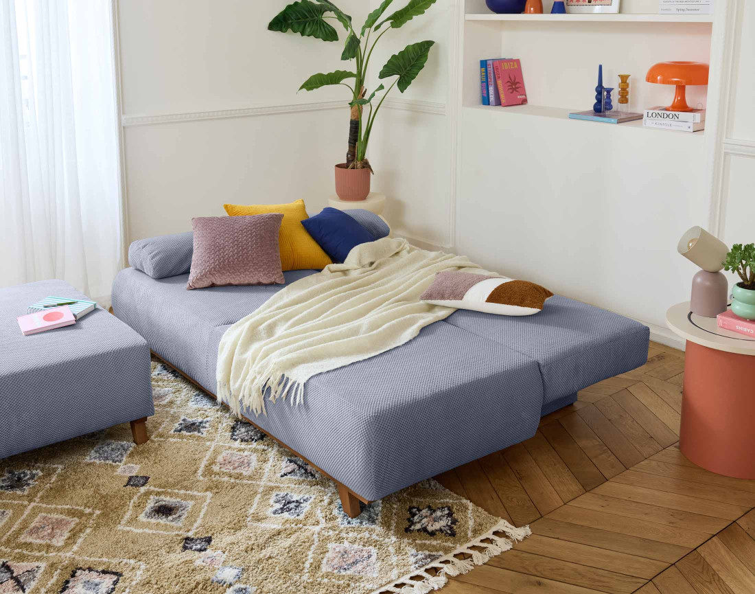 Canapé 3 places convertible avec grand pouf en velours Cristal - Best Mobilier
