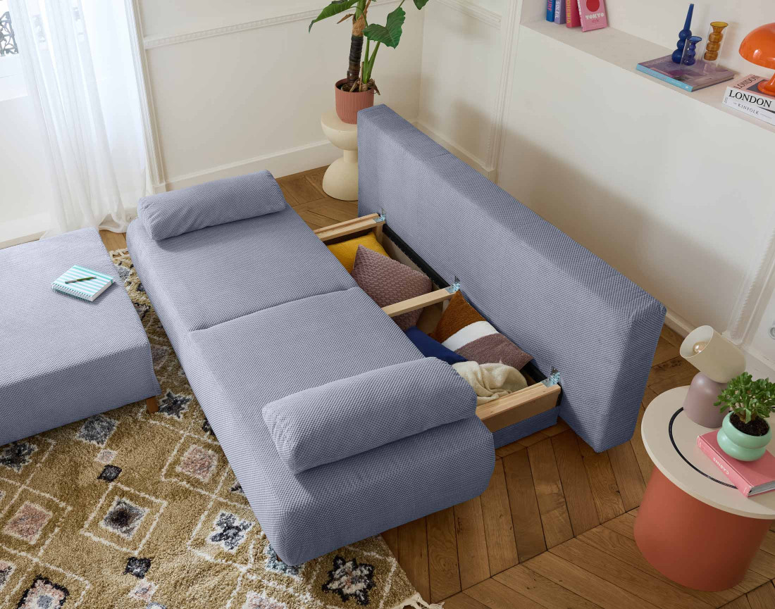 Canapé 3 places convertible avec grand pouf en velours Cristal - Best Mobilier