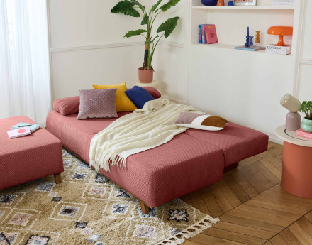 Canapé 3 places convertible avec coffre et grand pouf en velours texturé Cristal
