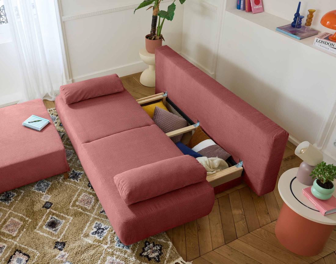 Canapé 3 places convertible avec coffre et grand pouf en velours texturé Cristal Canapé 3 places convertible avec coffre et grand pouf en velours texturé Cristal