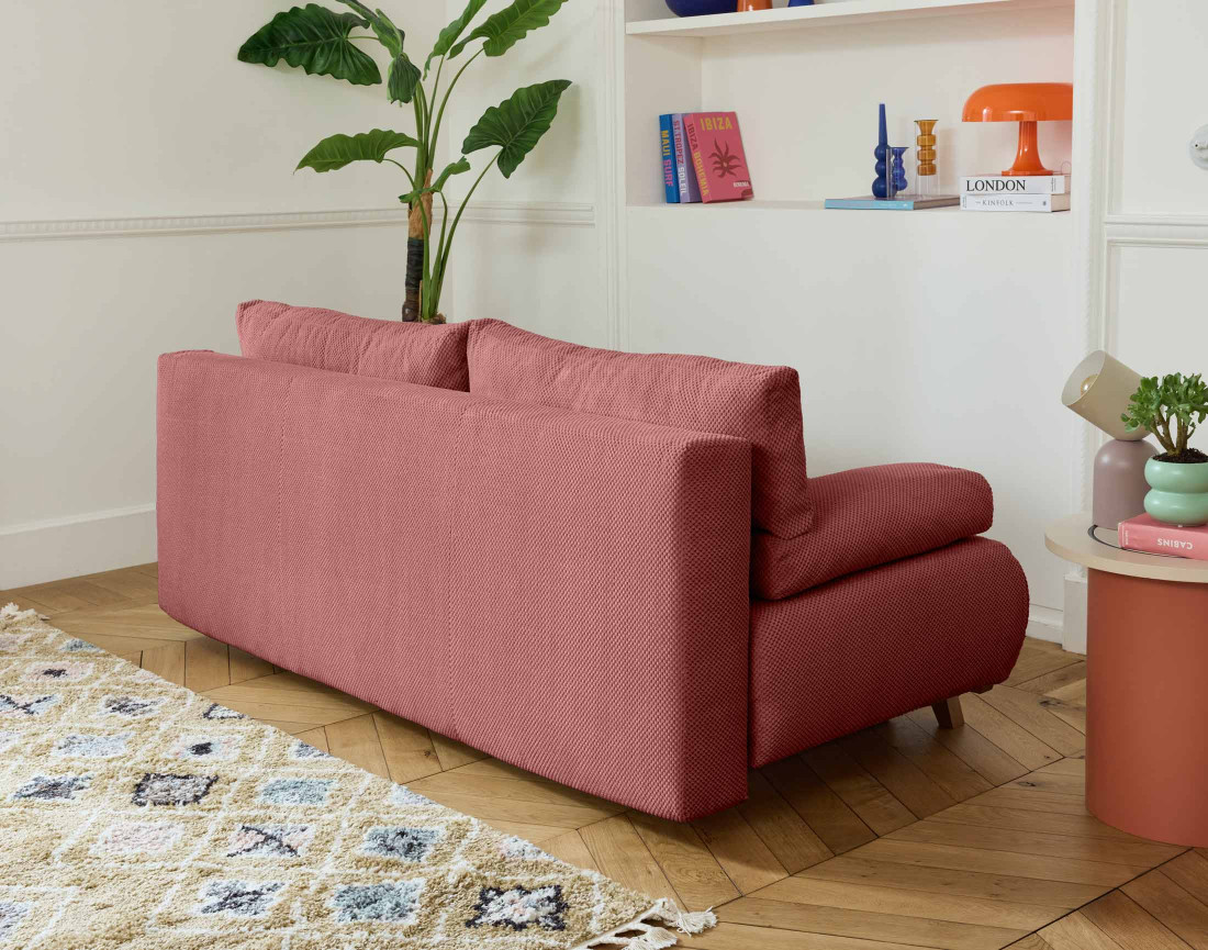 Canapé 3 places convertible avec coffre et grand pouf en velours texturé Cristal Canapé 3 places convertible avec coffre et grand pouf en velours texturé Cristal