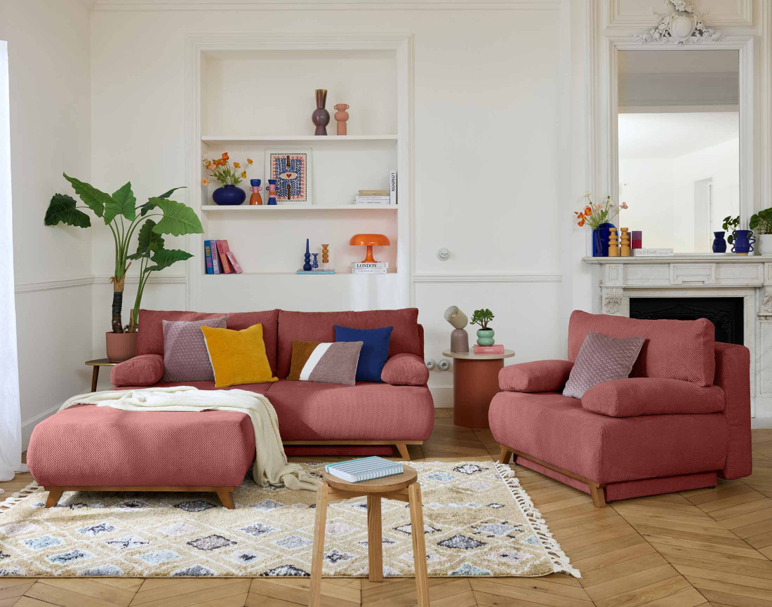 Canapé 3 places convertible avec coffre et grand pouf en velours texturé Cristal Canapé 3 places convertible avec coffre et grand pouf en velours texturé Cristal