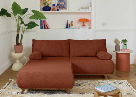 Canapé 3 places convertible avec coffre et grand pouf en velours texturé Cristal
